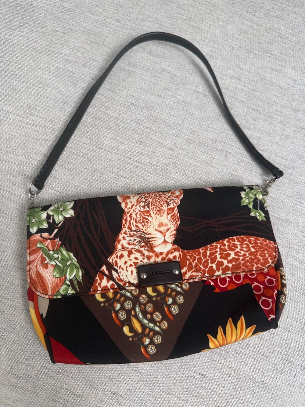 Salvatore Ferragamo Vintage Leopard-Print Shoulder Bag Black Floral Print